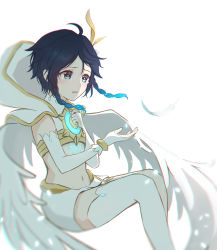 Rule 34 | 1boy, androgynous, black hair, blue hair, braid, bridal gauntlets, capelet, chest tattoo, commentary request, crop top, crying, crying with eyes open, elbow gloves, feathered wings, genshin impact, gloves, gradient hair, green eyes, highres, hood, hood down, hooded capelet, leg tattoo, male focus, midriff, multicolored hair, navel, open mouth, short hair with long locks, shorts, sidelocks, simple background, single thighhigh, solo, tattoo, tears, thighhighs, twin braids, venti (archon) (genshin impact), venti (genshin impact), white background, white shorts, white wings, wings, xianxian