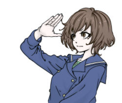 Rule 34 | 1girl, akiyama yukari, blue jacket, brown eyes, brown hair, buttons, closed mouth, commentary, double-breasted, girls und panzer, highres, jacket, looking to the side, messy hair, ooarai school uniform, sailor collar, salute, school uniform, short hair, simple background, skrmtl, solo, upper body, white background, winter uniform