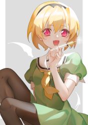 Rule 34 | 1girl, 3shine 02, :d, absurdres, arm at side, black hairband, black pantyhose, blonde hair, commentary request, drawn tail, drawn wings, dress, fang, glint, green dress, grey background, hairband, hand up, highres, higurashi no naku koro ni, holding, holding syringe, houjou satoko, knees up, looking at viewer, neckerchief, open mouth, pantyhose, pink eyes, puffy short sleeves, puffy sleeves, sailor collar, sailor dress, short hair, short sleeves, skin fang, smile, solo, spoilers, syringe, white sailor collar, yellow neckerchief