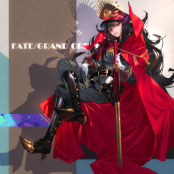 Rule 34 | 1girl, absurdres, bekt, belt, belt buckle, black footwear, black hair, black headwear, black jacket, black pants, boots, buckle, cape, closed mouth, copyright name, fate/grand order, fate (series), full body, glint, gloves, grandia lee, gun, hand on own thigh, hat, high heel boots, high heels, highres, holding, holding sword, holding weapon, holster, jacket, knee boots, crossed legs, long hair, long sleeves, looking at viewer, military, military jacket, military uniform, mouth hold, oda nobunaga (fate), oda nobunaga (koha-ace), pants, peaked cap, red cape, shadow, sheath, sheathed, sitting, smile, sword, uniform, very long hair, watermark, weapon, white gloves