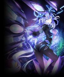 Rule 34 | 10s, 1girl, absurdres, arched back, ass, blue eyes, blue hair, bodysuit, breasts, building, cityscape, gloves, hair between eyes, headgear, highres, long hair, looking at viewer, looking back, magic circle, magical girl, matching hair/eyes, mechanical wings, neon trim, neptune (neptunia), neptune (series), next purple, official art, open mouth, outstretched arm, purple eyes, purple hair, purple heart (neptunia), shin jigen game neptune vii, solo, standing, symbol-shaped pupils, tsunako, twintails, very long hair, wings