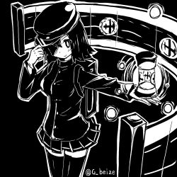 Rule 34 | 10s, 1girl, akitsu maru (kancolle), beize (garbage), gloves, greyscale, hat, hat tip, kantai collection, lantern, long sleeves, military, military uniform, monochrome, peaked cap, pleated skirt, scroll, shaded face, shadow, short hair, skirt, smile, solo, thighhighs, twitter username, uniform, zettai ryouiki