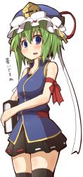 Rule 34 | 1girl, adapted costume, arm ribbon, bare arms, black thighhighs, blue eyes, book, carrying, green hair, hat, hat ribbon, looking at viewer, ribbon, shiki eiki, shirt, skirt, sleeveless, sleeveless shirt, solo, thighhighs, touhou, translation request, yogurt bakudan, zettai ryouiki