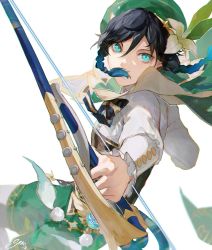 Rule 34 | 1boy, androgynous, beret, black hair, blue hair, bow, bow (weapon), braid, brooch, collared cape, collared shirt, commentary, corset, covered mouth, feathers, flower, frilled sleeves, frills, genshin impact, gradient hair, green eyes, green hat, green shorts, hair over mouth, hat, hat flower, highres, holding, holding bow (weapon), holding weapon, jewelry, leaf, long sleeves, looking at viewer, male focus, multicolored hair, pantyhose, pinwheel, shirt, short hair with long locks, shorts, sidelocks, simple background, solo, srro yo, twin braids, venti (genshin impact), vision (genshin impact), weapon, white background, white flower, white shirt