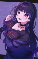 1girl black_collar black_hair black_shirt black_skirt braid breasts cleavage collar collarbone earrings from_above grey_hair heart highres jacket jewelry long_hair long_sleeves looking_at_viewer medium_breasts meloco_kyoran multicolored_hair nail_polish nijisanji nijisanji_en open_mouth purple_eyes purple_hair purple_jacket setake shirt side_braids silk skirt smile spider_web streaked_hair very_long_hair virtual_youtuber