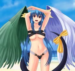 Rule 34 | 1girl, arc system works, asymmetrical wings, beach, bikini, black bikini, blue hair, blush, breasts, day, dizzy (guilty gear), guilty gear, hair ribbon, large breasts, long hair, ocean, open mouth, outdoors, red eyes, ribbon, smile, solo, swimsuit, tail, tail ornament, tail ribbon, twintails, underboob, water, wings, wiz (shadow)