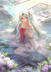 Rule 34 | 1girl, bow, chunbai renxing, closed mouth, collarbone, commentary request, dress, flower, grey hair, hair intakes, hair ribbon, highres, holding, holding flower, hydrangea, long hair, looking at viewer, neckerchief, off-shoulder dress, off shoulder, original, outdoors, purple flower, red bow, red eyes, red neckerchief, red ribbon, ribbon, sitting on water, solo, twintails, weibo logo, weibo watermark, white bow