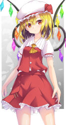Rule 34 | 1girl, ascot, beret, blonde hair, closed mouth, collared shirt, commentary request, crystal, flandre scarlet, frilled skirt, frills, hat, highres, long hair, looking at viewer, puffy short sleeves, puffy sleeves, red skirt, red vest, shirt, short sleeves, skirt, skirt set, solo, standing, touhou, uumaru, vest, white hat, white shirt, wings, yellow ascot