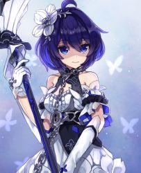 Rule 34 | 1girl, antenna hair, bad id, bad pixiv id, bare shoulders, blue eyes, blue hair, butterfly background, chabatake, chain, closed mouth, dress, flower, gloves, hair between eyes, hair flower, hair ornament, holding, holding weapon, honkai (series), honkai impact 3rd, looking at viewer, scythe, seele vollerei, seele vollerei (stygian nymph), shaded face, short hair, sleeveless, sleeveless dress, smile, solo, weapon, white dress, white flower, white gloves
