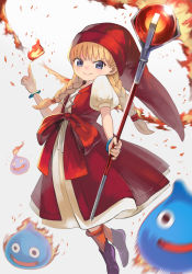 Rule 34 | 1girl, blonde hair, blue eyes, bow, bracelet, braid, burning, commentary request, dragon quest, dragon quest xi, dress, dress bow, fire, hair over shoulder, hat, highres, holding, holding staff, index finger raised, jewelry, long hair, open mouth, orange socks, puffy short sleeves, puffy sleeves, purple footwear, red dress, red hat, serious, short sleeves, slime (creature), smile, socks, staff, tokiti, twin braids, veronica (dq11), waist bow, white background