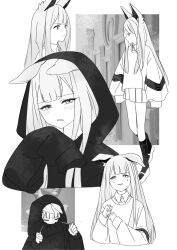Rule 34 | 1girl, anata shika mienai no (vocaloid), animal ears, black hoodie, black socks, closed eyes, closed mouth, commentary request, crying, crying with eyes open, drawstring pull, earbuds, earphones, floppy ears, frown, hands up, highres, hood, hood up, hoodie, limited palette, long hair, long sleeves, looking at viewer, lowlay60, mary janes, multiple views, personality v, pleated skirt, shirt, shoes, skirt, sleeves past fingers, sleeves past wrists, socks, sweater, tears, very long hair, vocaloid, white eyes, white footwear, white hair, white shirt