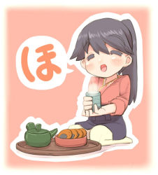 Rule 34 | 10s, 1girl, bad id, bad pixiv id, blush, cup, food, houshou (kancolle), japanese clothes, kantai collection, long hair, pantyhose, personification, ponytail, senbei, smile, solo, teacup, u-non (annon&#039;an), white pantyhose, yunomi