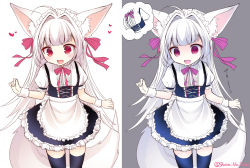 Rule 34 | 1girl, :d, ahoge, animal ears, apron, before and after, breast conscious, breasts, fang, flat chest, fox ears, fox tail, frilled skirt, frills, imagining, long hair, maid apron, maid headdress, multiple views, open mouth, original, purple eyes, red eyes, shura no suke, shurara, skirt, small breasts, smile, tail, thighhighs, white hair, zettai ryouiki