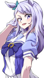 Rule 34 | 1girl, animal ears, aono3, blue bow, bow, bowtie, commentary, ear bow, hand in own hair, highres, horse ears, horse girl, horseshoe ornament, long hair, looking at viewer, mejiro mcqueen (umamusume), open mouth, pleated skirt, puffy short sleeves, puffy sleeves, purple bow, purple bowtie, purple eyes, purple hair, purple shirt, sailor collar, school uniform, serafuku, shirt, short sleeves, simple background, skirt, smile, solo, standing, tracen school uniform, umamusume, white background, white sailor collar, white skirt