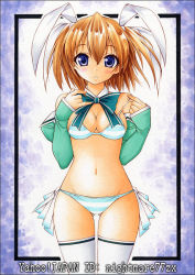 Rule 34 | 1girl, :o, aizawa tomomi, bikini, blue eyes, blush, breasts, brown hair, cleavage, detached collar, detached sleeves, looking at viewer, navel, nightmare77zx, pia carrot (series), short hair, solo, strap lift, striped bikini, striped clothes, swimsuit, thighhighs, traditional media, twintails