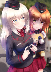 Rule 34 | 2girls, black headwear, black jacket, blue eyes, blurry, blurry background, boko (girls und panzer), closed mouth, commentary, day, dress shirt, frown, garrison cap, girls und panzer, glaring, grey hair, half-closed eyes, hand on another&#039;s shoulder, hat, highres, holding, holding stuffed toy, index fingers together, insignia, itsumi erika, jacket, kuromorimine military uniform, long sleeves, looking at viewer, medium hair, military hat, military uniform, miniskirt, multiple girls, nishizumi miho, open mouth, outdoors, pleated skirt, red shirt, red skirt, redbaron, shirt, short hair, skirt, standing, stuffed toy, twitter username, uniform, wing collar
