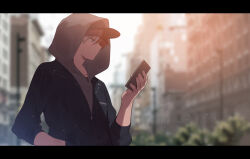 Rule 34 | 1boy, baseball cap, blurry, blurry background, boku no hero academia, bright pupils, building, closed mouth, commentary request, fingernails, grey hoodie, gugugunogu, hand in pocket, hand up, hat, highres, holding, holding phone, hood, hood up, hoodie, letterboxed, long sleeves, male focus, multicolored hair, outdoors, phone, red hair, sleeves past elbows, solo, split-color hair, todoroki shouto, two-tone hair, upper body, white hair, white pupils, zipper, zipper pull tab