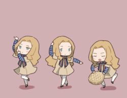 Rule 34 | 1girl, basket, blue bow, blue bowtie, blue eyes, bow, bowtie, brown dress, closed eyes, commentary request, dancing, dress, forehead, full body, layered sleeves, light brown hair, long hair, long sleeves, m3gan, m3gan (character), multiple views, pink background, saiguchi otoufu, short over long sleeves, short sleeves, wavy hair