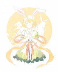 Rule 34 | 1girl, animal ears, blonde hair, carrot (one piece), circle, closed eyes, collared dress, commentary request, dress, fish191101756, green dress, highres, one piece, rabbit ears, rabbit girl, short hair, smile