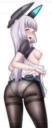 Rule 34 | 1girl, ass, black bodysuit, black pantyhose, bodysuit, breasts, breasts out, burusuta, colored pencil (medium), dress, embarrassed, graphite (medium), headgear, kantai collection, looking at viewer, mechanical pencil, medium breasts, murakumo (kancolle), open mouth, pantyhose, pencil, sailor dress, silver hair, simple background, solo, thighband pantyhose, traditional media, white background, yellow eyes