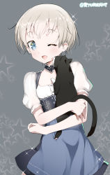 Rule 34 | 10s, 1girl, ;d, blue eyes, cat, dirndl, dress, german clothes, highres, kantai collection, naitou ryuu, one eye closed, open mouth, short hair, silver hair, smile, twitter username, unsinkable sam, z1 leberecht maass (kancolle)
