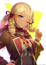 Rule 34 | 1girl, ;), absurdres, belt, black robe, black shirt, blonde hair, blue eyes, brown belt, closed mouth, collared shirt, commentary request, dark-skinned female, dark skin, hand on own hip, highres, kimberly magic academy school uniform, long hair, long sleeves, looking at viewer, michela mcfarlane, miyuki ruria, nanatsu no maken ga shihai suru, necktie, official art, one eye closed, playing with own hair, red necktie, ringlets, robe, school uniform, shirt, smile, solo, two-tone background, white background, wide sleeves, yellow background