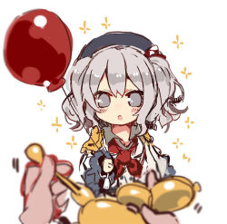 Rule 34 | 1girl, 1other, aged down, balloon, balloon animal, beret, blush, epaulettes, grey eyes, grey hair, hair between eyes, hat, holding, holding balloon, jacket, kantai collection, kashima (kancolle), long hair, long sleeves, looking at viewer, open mouth, pov, simple background, solo focus, sparkle, sukima (crie), twintails, wavy hair, white background