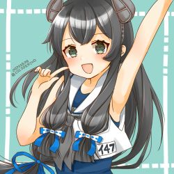 Rule 34 | 1girl, black hair, cocoperino, commentary request, crop top, dated, green background, green eyes, grey neckerchief, hair ribbon, headgear, i-47 (kancolle), index finger raised, kantai collection, long hair, looking at viewer, low-tied long hair, neckerchief, one-hour drawing challenge, ribbon, sailor collar, sailor shirt, school swimsuit, shirt, sidelocks, sleeveless, sleeveless shirt, smile, solo, swimsuit, tress ribbon, twitter username, white sailor collar