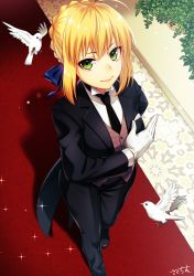 Rule 34 | 1girl, absurdres, artoria pendragon (all), artoria pendragon (fate), black necktie, blonde hair, blue ribbon, blush, closed mouth, fate/grand order, fate (series), formal, gloves, green eyes, hair ribbon, highres, looking at viewer, necktie, pant suit, pants, ribbon, saber (fate), sakura chiyo (konachi000), short hair, smile, solo, suit, white gloves