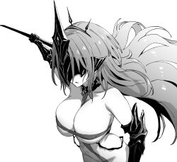 Rule 34 | 1girl, alsace (azur lane), armpit crease, azur lane, azur lane: slow ahead, bare shoulders, between breasts, black gauntlets, black tiara, breast strap, breasts, covered navel, gauntlets, greyscale, hori (hori no su), huge breasts, long hair, masked, monochrome, official art, parted lips, revealing clothes, simple background, solo, tiara, very long hair, white background
