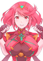 Rule 34 | 1girl, absurdres, black gloves, breasts, chest jewel, earrings, fingerless gloves, gem, gloves, headpiece, highres, jewelry, large breasts, pyra (xenoblade), red eyes, red hair, short hair, simple background, solo, swept bangs, tiara, ug333333, white background, xenoblade chronicles (series), xenoblade chronicles 2