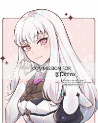 Rule 34 | 1girl, closed mouth, cosplay, fire emblem, fire emblem: three houses, long hair, looking at viewer, lysithea von ordelia, melia antiqua, melia antiqua (cosplay), nintendo, pink eyes, simple background, smile, solo, white hair, xenoblade chronicles: future connected, xenoblade chronicles (series), xenoblade chronicles 1