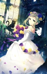 Rule 34 | 1girl, bad id, bad pixiv id, black cat, bouquet, braid, cat, commentary request, dress, elbow gloves, flower, frilled gloves, frills, gloves, hair flower, hair ornament, hair rings, hair up, highres, holding, holding bouquet, jewelry, kokkeina budou, kyouou ena, looking at viewer, looking back, love live!, love live! school idol festival, love live! sunshine!!, necklace, night, ohara mari, outdoors, pearl necklace, plant, purple flower, purple ribbon, purple rose, ribbon, rose, sidelocks, skirt hold, smile, solo, tiara, vines, white dress, window, yellow eyes, yellow flower, yellow rose