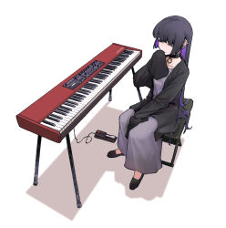 Rule 34 | 1girl, black footwear, black hair, black jacket, blunt bangs, bocchi the rock!, colored inner hair, dress, ear piercing, flats, goth fashion, grey dress, highres, instrument, jacket, keyboard (instrument), long hair, multicolored hair, pa-san, pedal (instrument), piercing, purple hair, simple background, sitting, sleeves past fingers, sleeves past wrists, solo, very long hair, white background, zero808w