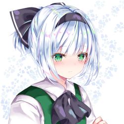 Rule 34 | 1girl, bad id, bad twitter id, black bow, black hairband, blush, bow, closed mouth, collared shirt, green eyes, green vest, hair ornament, hair ribbon, hairband, nanase nao, ribbon, shirt, short hair, silver hair, simple background, solo, upper body, vest, white background, white shirt