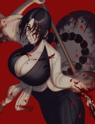 Rule 34 | 1girl, 50x48x48, arm up, black hair, black kimono, bleach, bleach: sennen kessen-hen, blood, blood on breasts, blood on clothes, blood on eyewear, blood on face, blood on hands, blood splatter, braid, braided ponytail, breasts, brown eyes, cleavage, commentary, cowboy shot, dutch angle, floating clothes, floating hair, glasses, hair between eyes, haori, highres, holding, holding polearm, holding weapon, huge breasts, japanese clothes, katori batsuunsai, kimono, long hair, long sleeves, looking at viewer, low ponytail, open mouth, polearm, red background, round eyewear, sash, simple background, solo, twitter username, upturned eyes, very long hair, weapon, white kimono, white sash, wide sleeves
