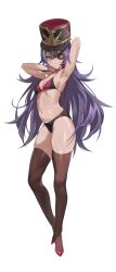 Rule 34 | 1girl, absurdres, armpits, arms up, bare arms, bare shoulders, bikini, black bikini, black hat, breasts, brown thighhighs, chevreuse (genshin impact), choker, cleavage, commentary, eyepatch, flower, full body, genshin impact, grey hair, hat, high heels, highres, long hair, looking at viewer, medium breasts, multicolored hair, navel, purple eyes, purple hair, red choker, red flower, shako cap, simple background, solo, standing, stomach, streaked hair, swimsuit, thighhighs, thighs, very long hair, white background, zutsuyaku
