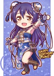 Rule 34 | 1girl, armpits, blue hair, boots, bun cover, chibi, china dress, chinese clothes, commentary request, dated, detached collar, double bun, dress, fingerless gloves, full body, gloves, hair between eyes, hair bun, happy birthday, highres, long hair, love live!, love live! school idol festival, love live! school idol project, miloku, open mouth, side slit, smile, solo, sonoda umi, strapless, strapless dress, yellow eyes