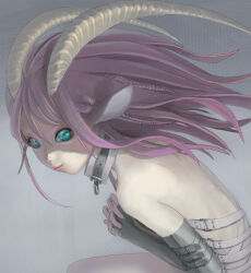 1girl animal_ears aqua_eyes back bare_back braid collar commentary_request dreamer_tapir elbow_gloves fingerless_gloves gloves goat_ears goat_horns horns interlocked_fingers leaning_forward long_hair looking_at_viewer original own_hands_together pink_hair smile solo upper_body