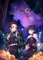Rule 34 | 1boy, 1girl, :d, bad id, bad pixiv id, black hair, black hakama, black jacket, black skirt, blurry, blurry foreground, brown hair, burn mark, butterfly hair ornament, checkered haori, closed mouth, earrings, eye contact, flower, forest, hair ornament, hakama, hakama skirt, highres, holding hands, jacket, japanese clothes, jewelry, kamado tanjirou, kimetsu no yaiba, long sleeves, looking at another, medium skirt, military, military jacket, military uniform, nature, night, night sky, open mouth, pleated skirt, plus1024, purple eyes, purple sky, red eyes, scar, scar on face, scar on forehead, sheath, sheathed, short hair, side ponytail, skirt, sky, smile, sparkle, star (sky), starry sky, sword, tsuyuri kanao, uniform, water, waterfall, weapon, yellow flower