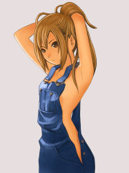 Rule 34 | 1girl, armpits, arms behind head, brown eyes, brown hair, naked overalls, original, overalls, ponytail, solo, yoshitomi akihito