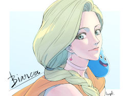 Rule 34 | 1girl, bare shoulders, bianca (dq5), blonde hair, blue eyes, braid, cape, character name, choker, dragon quest, dragon quest v, earrings, eyelashes, hair over shoulder, highres, jewelry, lips, long hair, looking at viewer, mature female, orange cape, single braid, slime (creature), slime (dragon quest), strikebeagle, upper body