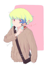 Rule 34 | !, &gt; &lt;, 2boys, :d, androgynous, artist name, asymmetrical hair, bag, baggy pants, black gloves, blue hair, blush, brown sweater, chibi, collared shirt, commentary request, galo thymos, gloves, green hair, hand up, heart, highres, hug, kome 1022, light smile, lio fotia, looking at another, mohawk, multicolored eyes, multiple boys, on shoulder, open mouth, orange eyes, pants, pink eyes, promare, shirt, shoulder bag, sidecut, sidelocks, simple background, smile, sweater, topless male, translated, undercut, upper body, white background