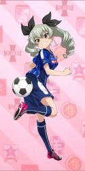 Rule 34 | &gt;:d, 10s, 1girl, :d, anchovy (girls und panzer), anchovy (girls und panzer), artist request, ball, blue shorts, blue socks, blush, breasts, cleats, clothes writing, drill hair, emblem, eyebrows, from side, girls und panzer, grin, italy, j. league, jpeg artifacts, kneehighs, leg up, long hair, looking to the side, medium breasts, mito hollyhock, open mouth, parted lips, pink footwear, shiny skin, shoe soles, shoes, shorts, smile, soccer, soccer ball, soccer uniform, socks, solo, source request, sportswear, standing, standing on one leg, teeth, tsurime, twin drills, twintails, v-shaped eyebrows