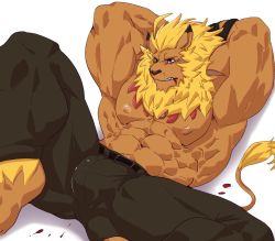 Rule 34 | 1boy, abs, animal ears, armpits, arms behind head, bara, blonde hair, blood, blood from mouth, blue eyes, brown fur, bulge, digimon, digimon (creature), earrings, feet out of frame, furry, furry male, highres, istani, jewelry, large pectorals, leomon, lion boy, lion ears, lion hair, lion tail, male focus, medium hair, muscular, navel, navel hair, nipples, paid reward available, pectorals, paid reward available, solo, spread legs, tail, thick thighs, thighs, topless male