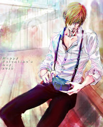Rule 34 | 10s, 1boy, 2013, blonde hair, box, cigarette, hair over one eye, image sample, kitano (no name), male focus, one piece, open collar, pixiv sample, resized, sanji (one piece), shirt, smoking, solo, suspenders, valentine, white shirt