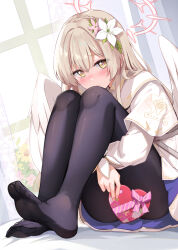 Rule 34 | 1girl, angel wings, ass, black pantyhose, blue archive, blush, box, commentary request, dress, feathered wings, feet, flower, hair flower, hair ornament, halo, heart-shaped box, highres, indoors, konka, light brown hair, long hair, long sleeves, looking at viewer, nagisa (blue archive), no shoes, pantyhose, pink halo, soles, solo, toes, valentine, white dress, white flower, white wings, window, wings, yellow eyes