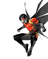 Rule 34 | 1boy, batman (series), black gloves, cape, clenched hands, commentary, dan mora, dc comics, english commentary, floating, gloves, helmet, highres, looking down, male focus, red robin, redesign, solo, superhero costume, tokusatsu, white background, white eyes