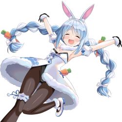 Rule 34 | 1girl, ^ ^, animal ear fluff, animal ears, ankle cuffs, arm cuffs, armpits, arms up, black gloves, black leotard, black pantyhose, blue hair, blush, blush stickers, braid, breasts, carrot hair ornament, cleavage, closed eyes, commentary, cowboy shot, don-chan (usada pekora), dress, dutch angle, food-themed hair ornament, fur-trimmed dress, fur-trimmed gloves, fur scarf, fur trim, gloves, hair ornament, hair ribbon, highres, hololive, kooh ku, leotard, light blue hair, long hair, looking at viewer, multicolored hair, off-shoulder dress, off shoulder, open mouth, outstretched arms, pantyhose, playboy bunny, pom pom (clothes), rabbit ears, ribbon, shoes, simple background, small breasts, smile, solo, thick eyebrows, thigh strap, tress ribbon, twin braids, twintails, two-tone hair, usada pekora, usada pekora (1st costume), virtual youtuber, white background, white dress, white footwear, white hair