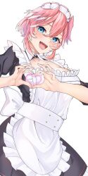 1girl apron blue_eyes blush breasts frilled_apron frills hair_between_eyes head_wings heart heart_hands highres hololive large_breasts looking_at_viewer maid maid_apron maid_headdress na_nu_017 pink_hair short_hair short_sleeves smile solo takane_lui virtual_youtuber white_apron wings